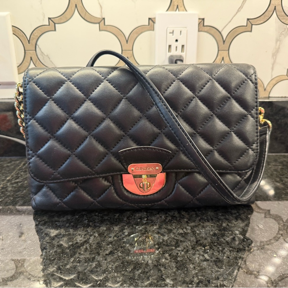 Calvin Klein Black Shoulder Bag with Gold Accents